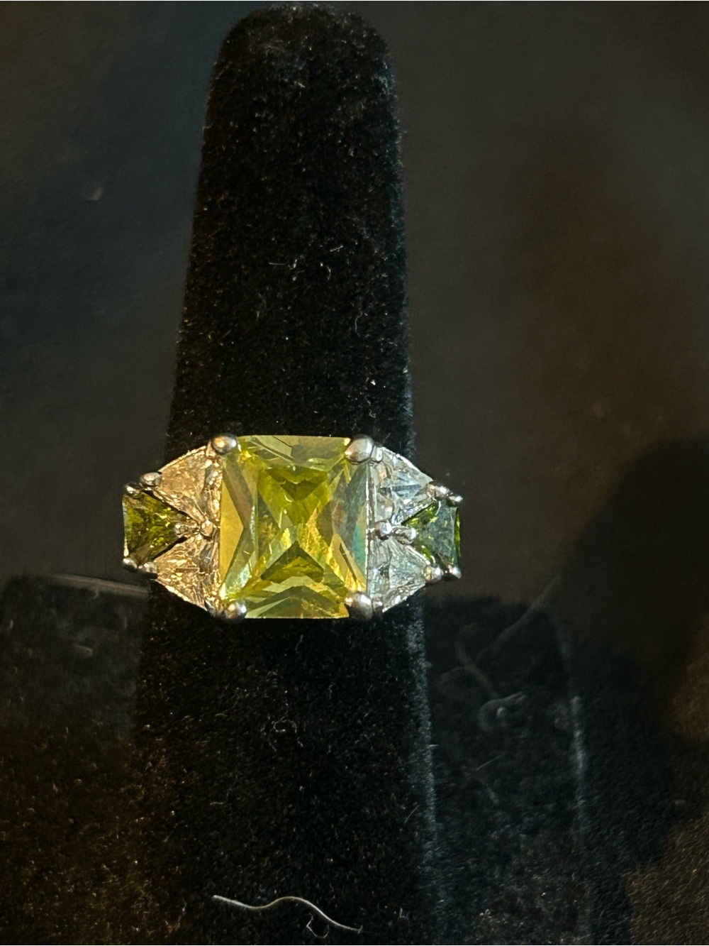 Silver Tone Ring with Green Square Gemstone